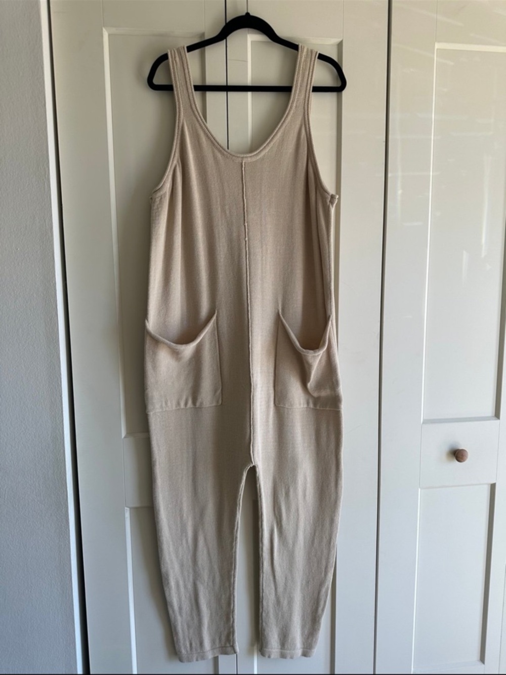 Free People Beige Sleeveless Knit Pocket Jumpsuit